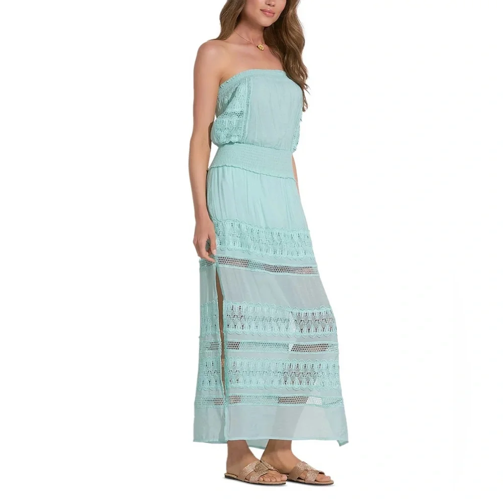 NEW! Elan Maxi Strapless Crochet Dress In Aqua - Picture 3 of 4